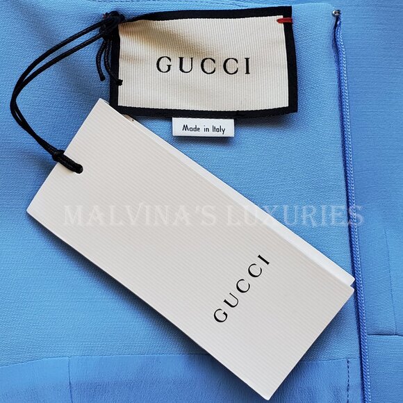 GUCCI DRESS CADY CREPE WOOL SILK SKY BLUE w CRYSTAL G LOGO sz IT 44 US 8 - Picture 10 of 15